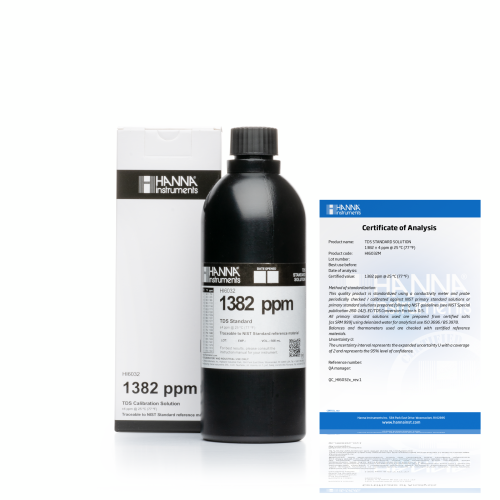 Mã: HI6032<br>Dung Dịch Hiệu Chuẩn TDS 1382 mg/L (ppm), Chai Chắn Sáng (500mL)