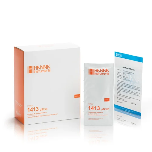 Mã: HI70031P<br>Dung Dịch Chuẩn Độ Dẫn (EC) 1413 µS/cm Dạng Gói 20mL (25 gói/hộp)