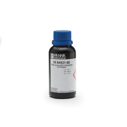 Mã: HI84531-50<br>Thuốc Thử Thang Thấp cho Máy Chuẩn Độ Độ Kiềm Tổng trong Nước, Chai 120mL